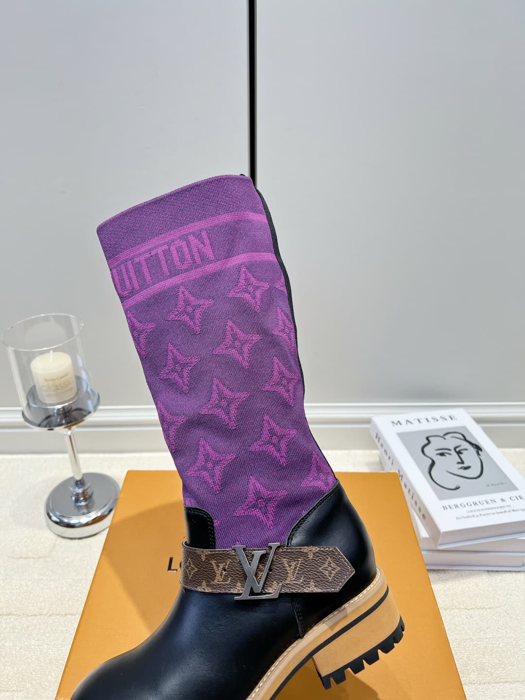 D9087 LV Purple thread knitted patch high-top boots 26ss — image 7