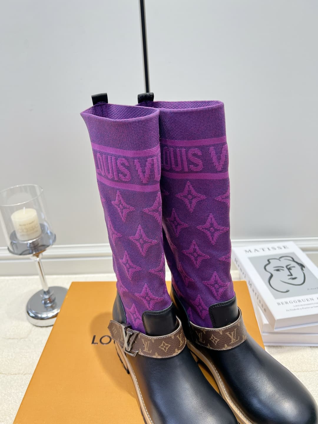 D9087 LV Purple thread knitted patch high-top boots 26ss — image 6