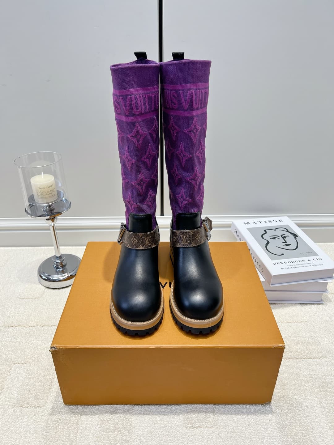 D9087 LV Purple thread knitted patch high-top boots 26ss — image 1
