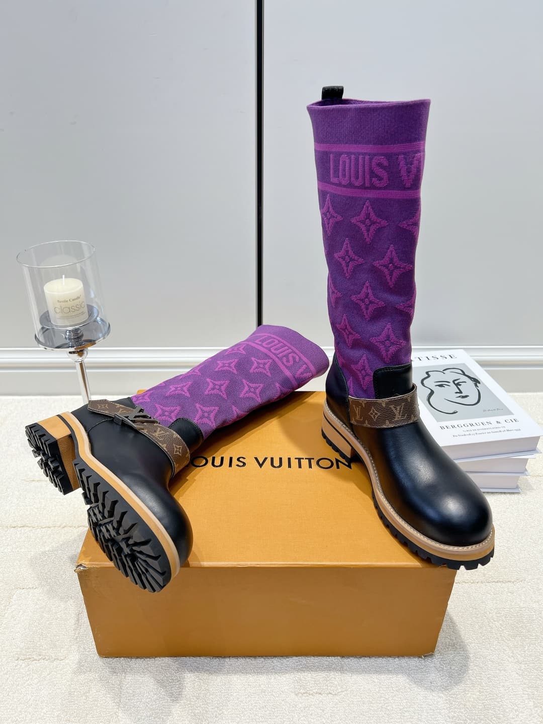 D9087 LV Purple thread knitted patch high-top boots 26ss — image 2