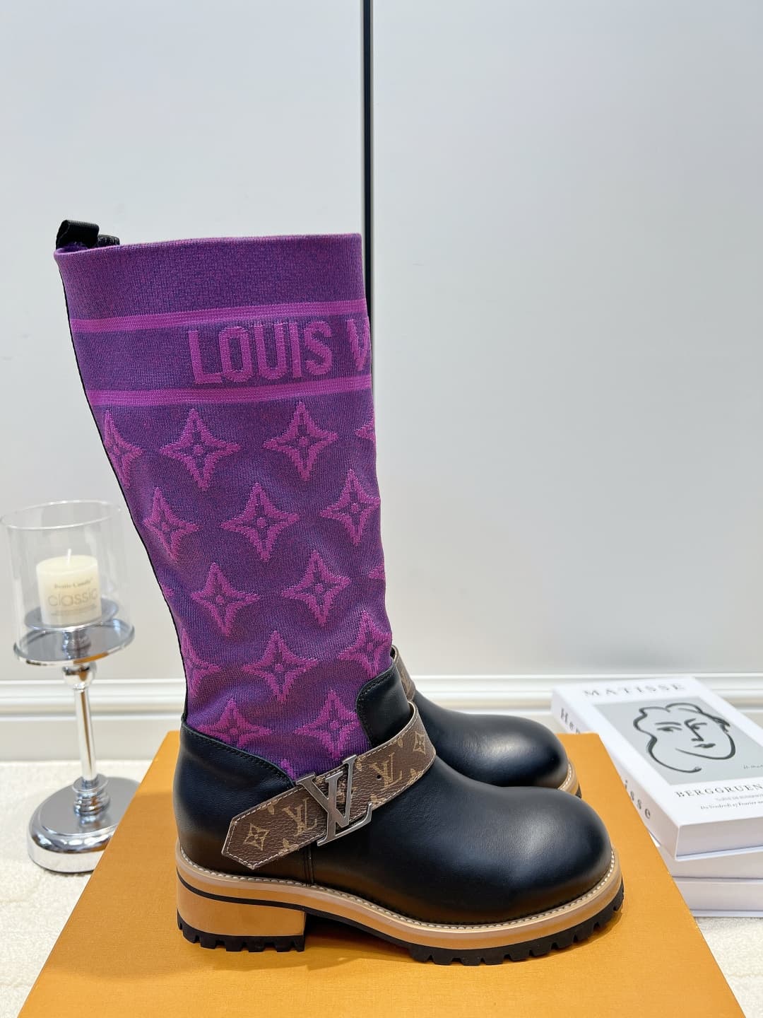 D9087 LV Purple thread knitted patch high-top boots 26ss — image 4