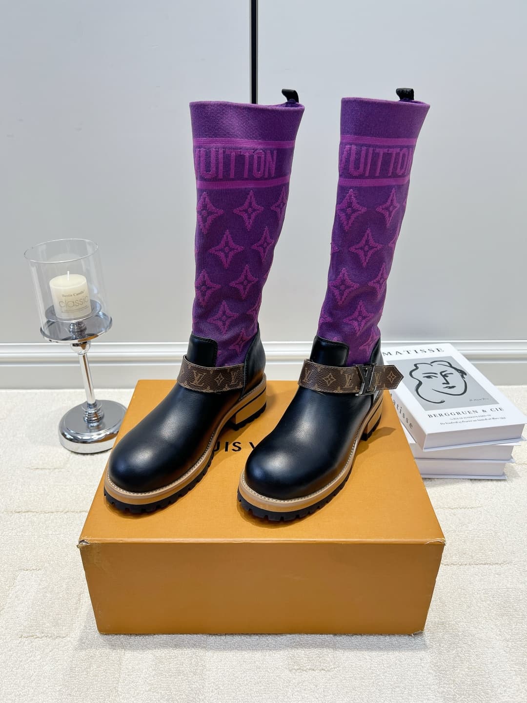 D9087 LV Purple thread knitted patch high-top boots 26ss — image 3