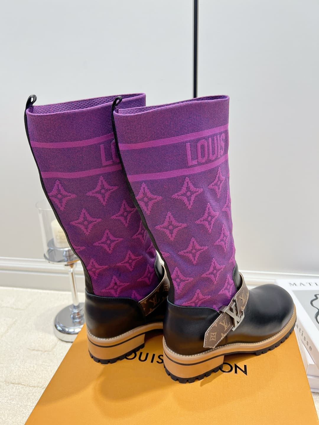 D9087 LV Purple thread knitted patch high-top boots 26ss — image 5