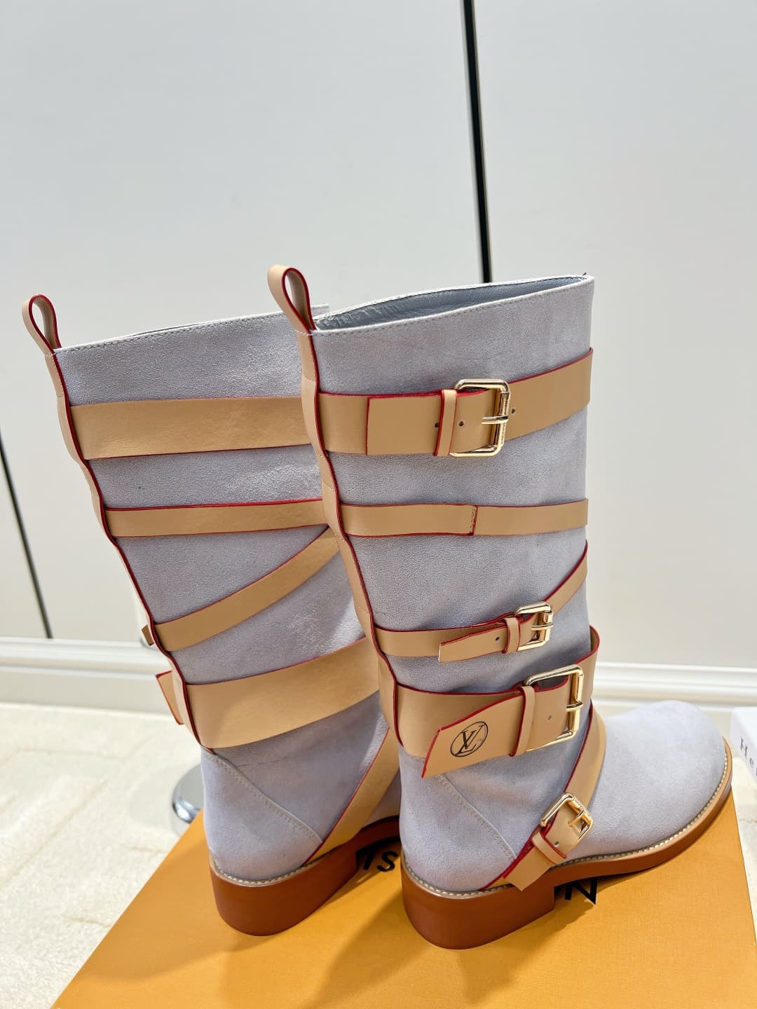 D9086 LV Smog-blue suede strap high boots 26ss — image 5
