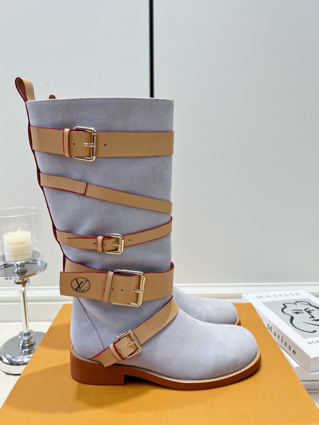 D9086 LV Smog-blue suede strap high boots 26ss — image 4