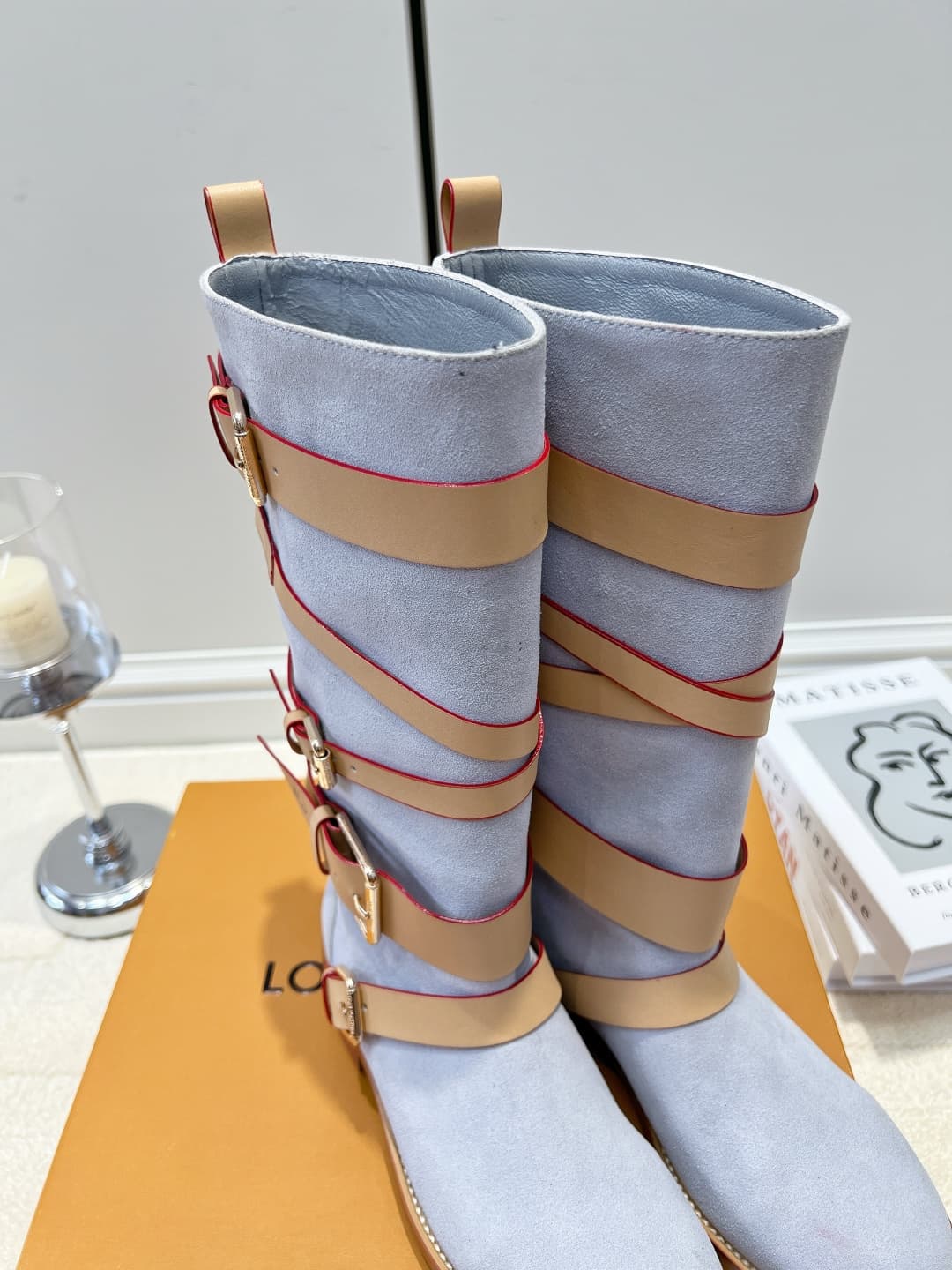 D9086 LV Smog-blue suede strap high boots 26ss — image 6
