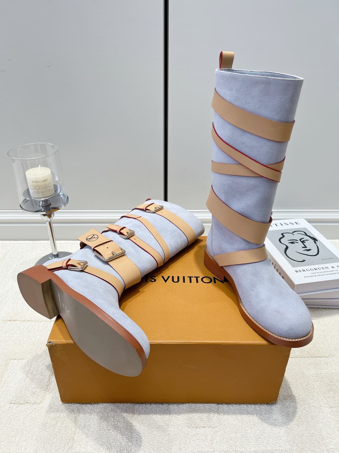 D9086 LV Smog-blue suede strap high boots 26ss — image 2