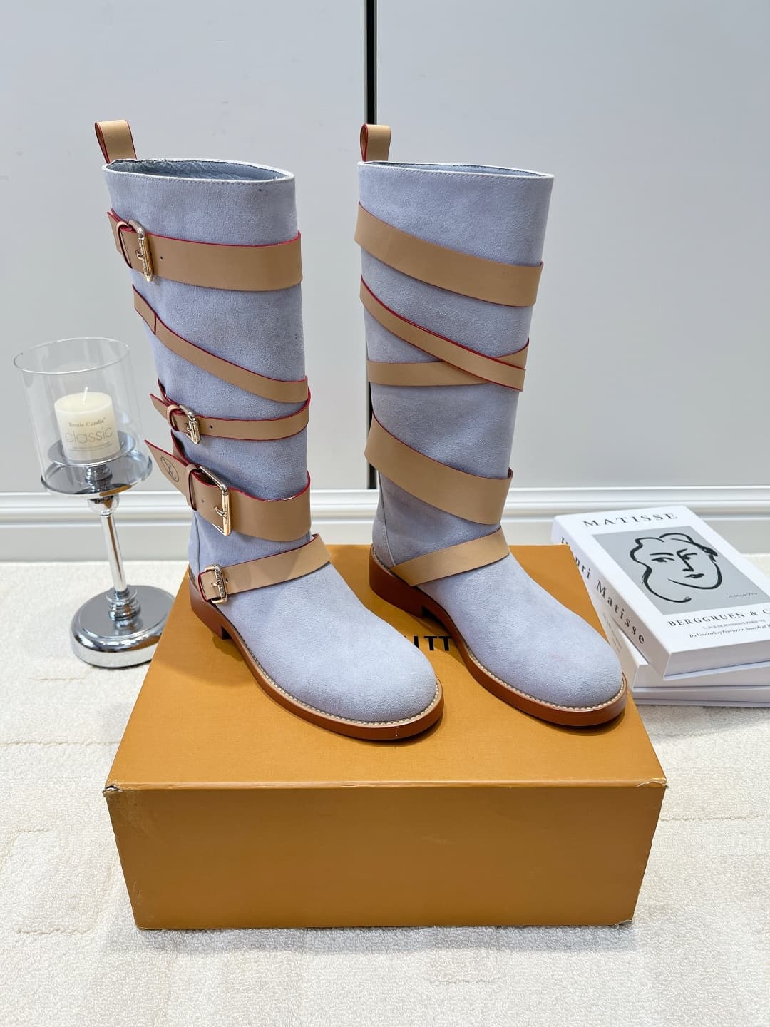 D9086 LV Smog-blue suede strap high boots 26ss — image 3