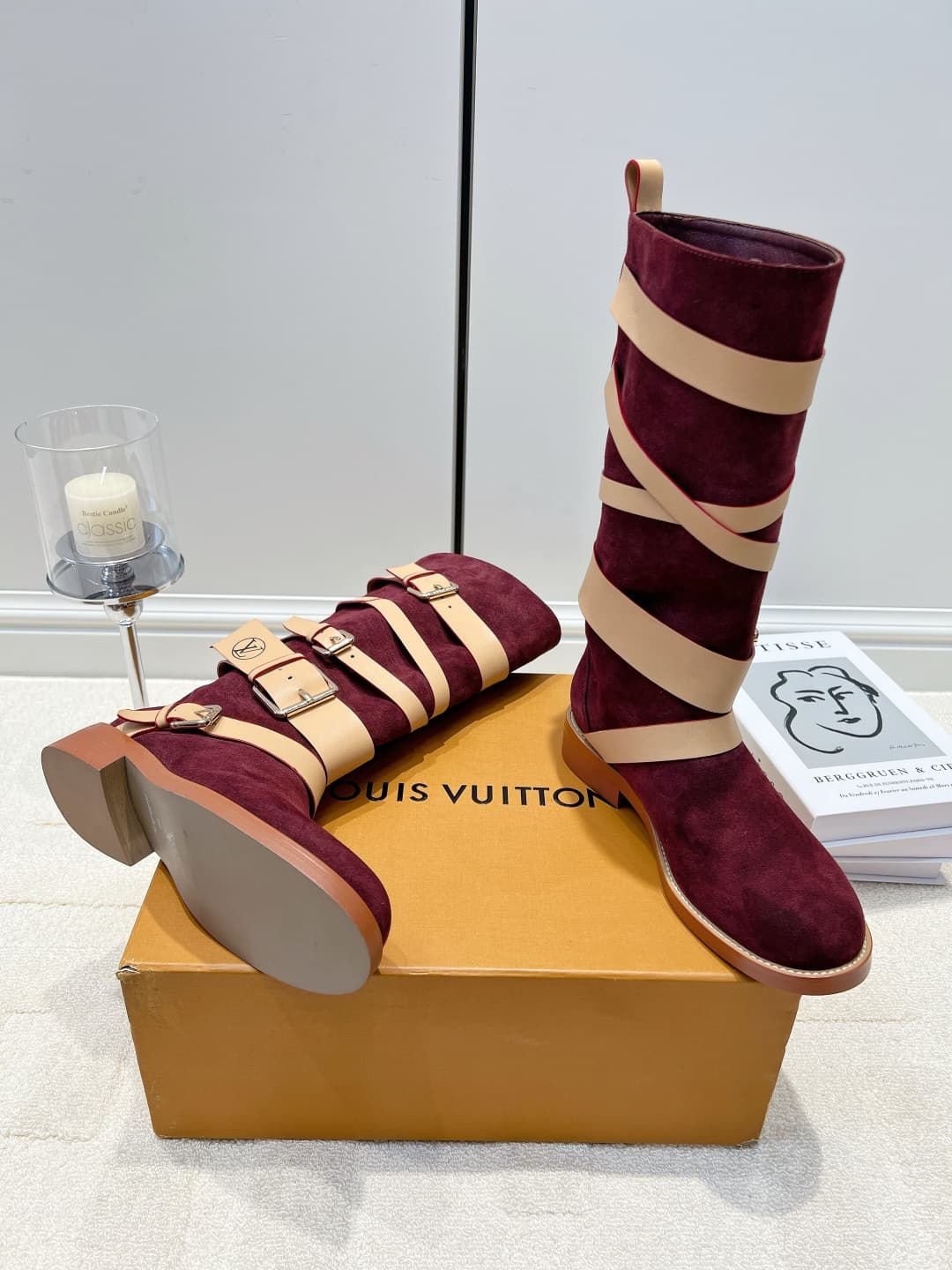 D9085 LV Wine-red suede belt high-top boots 26ss — image 2