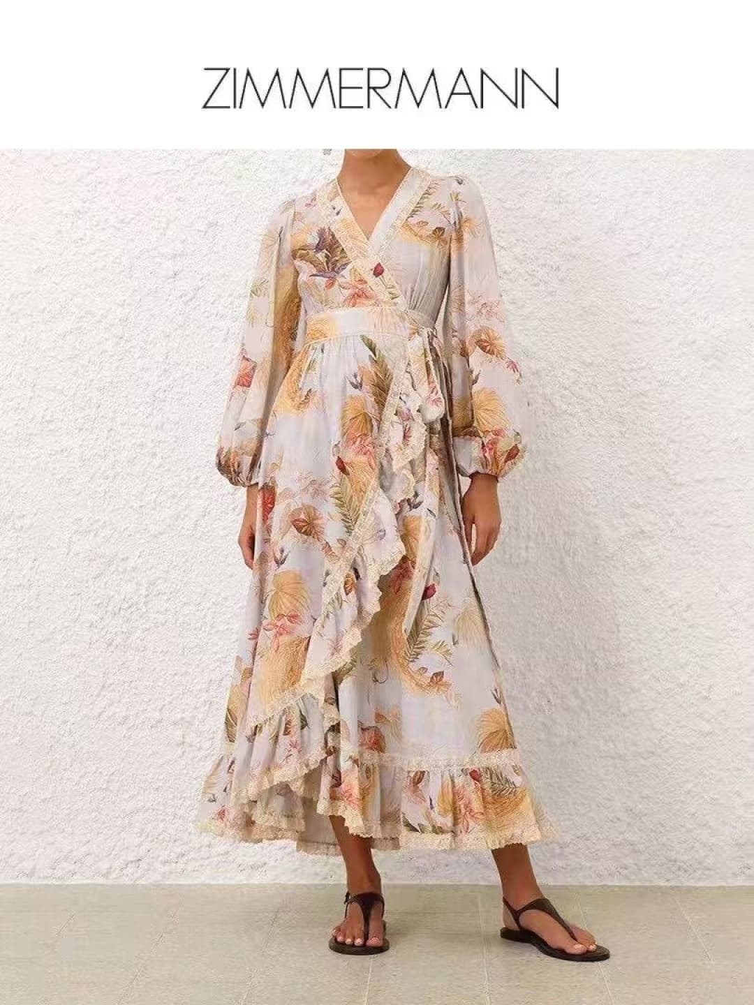 C18358 Item number: 20253957. Zimmermann’s new dress features leaf-patterned lace, ruffles, and a waist-cinching V-neck with long sleeves. Color: light purple. S-XL sizes available. [Size M: bust 88, sleeve length 62, overall length 132] — image 4