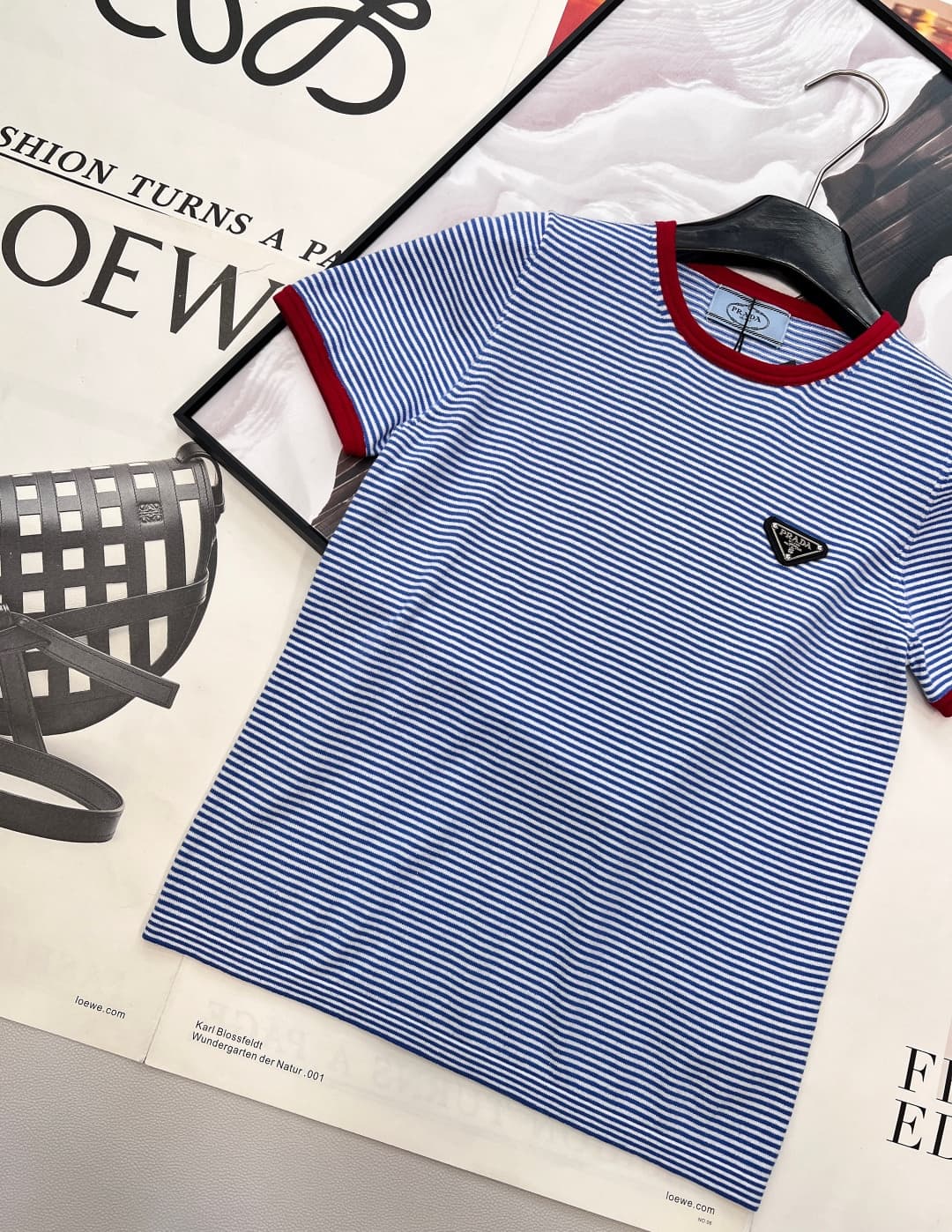 C18568 🆕 New Prada vintage/retro short sleeves, red and blue contrast colors + triangular logo. The classic blue and white stripes create a fresh aesthetic. The red knotted details on the collar and cuffs add a dynamic touch, breaking monotony and making  — image 7
