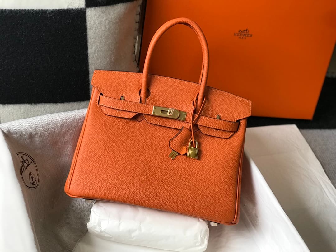C4845 Semi-handmade Platinum 25cm Birkin, orange color, gold clasp, waxed lines, full steel hardware, Togo leather — image 1
