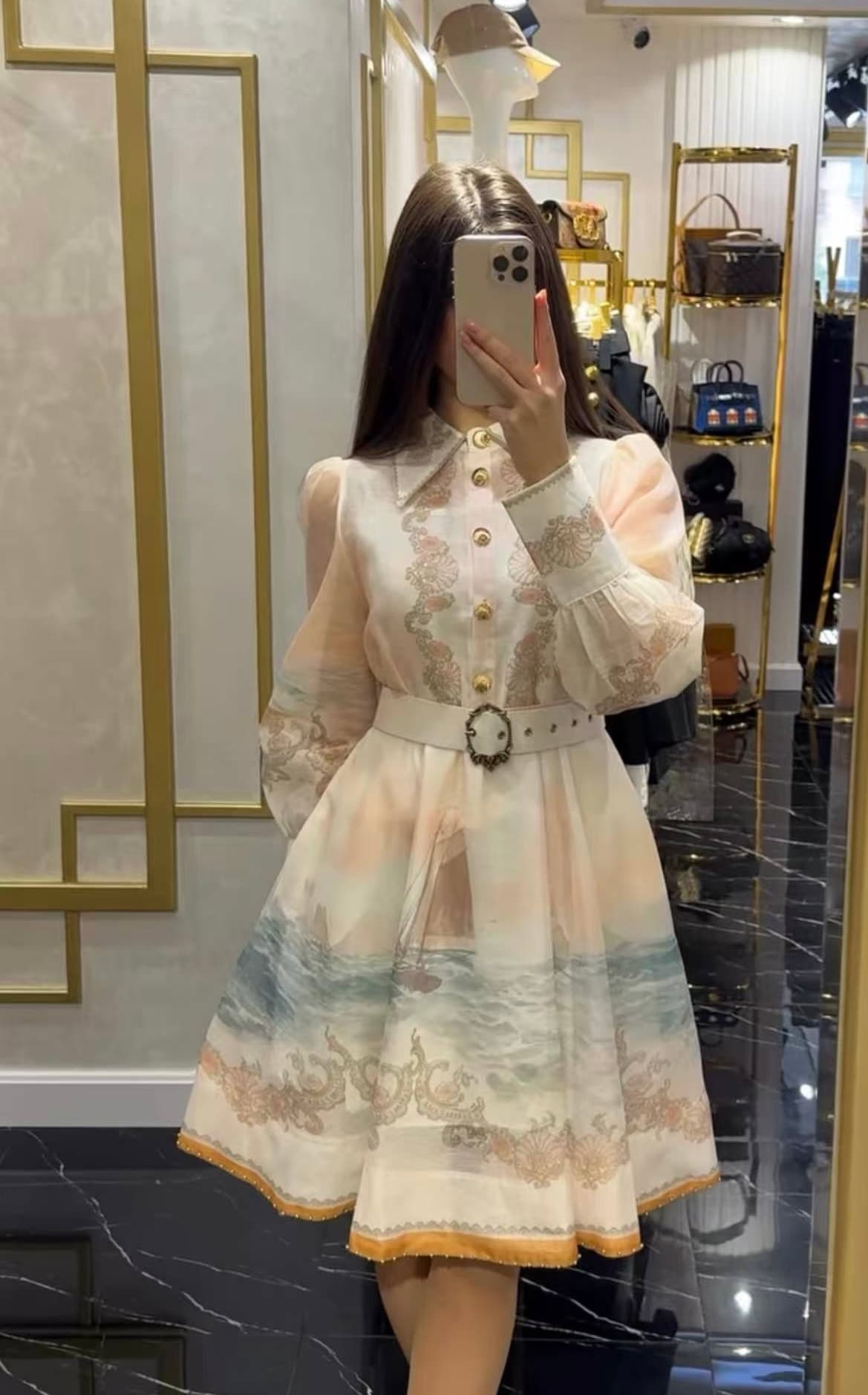 C18311 Size 20258036 Zimmermann* Vintage/retro model: Seaside sailboat-style vintage print V-neck long-sleeved dress with short skirt and belt. Apricot color, S-XL sizes. [M size: Chest circumference 92, waist circumference 80, sleeve length 70, full leng — image 1
