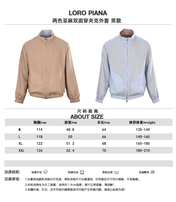 C10332 LORO PIANA LP – Two-color linen double-faced jacket for men; size chart — image 1