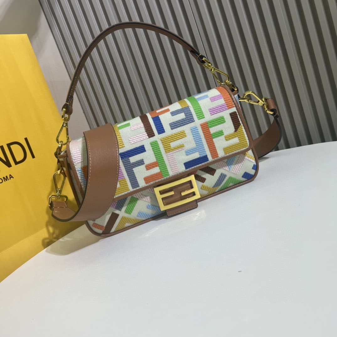 C2916 The Fendi Baguette handbag made of top-quality leather, in its original style: it has a very summery vibe; colorful rainbow🌈F embroidery. This Fendi Baguette bag is definitely a trendy item for this summer! It looks great when worn; it’s also very p — image 1