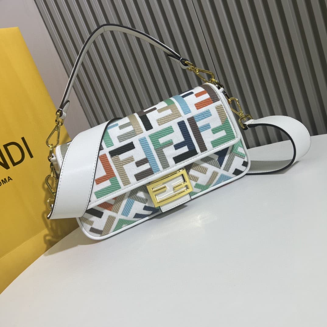 C2912 The Fendi Baguette handbag made of top-quality leather is available in stock – it truly embodies the summer vibe; with colorful rainbow🌈F embroidery. This Fendi Baguette bag is definitely a trendy item for this summer! It looks great when worn; it’s — image 1