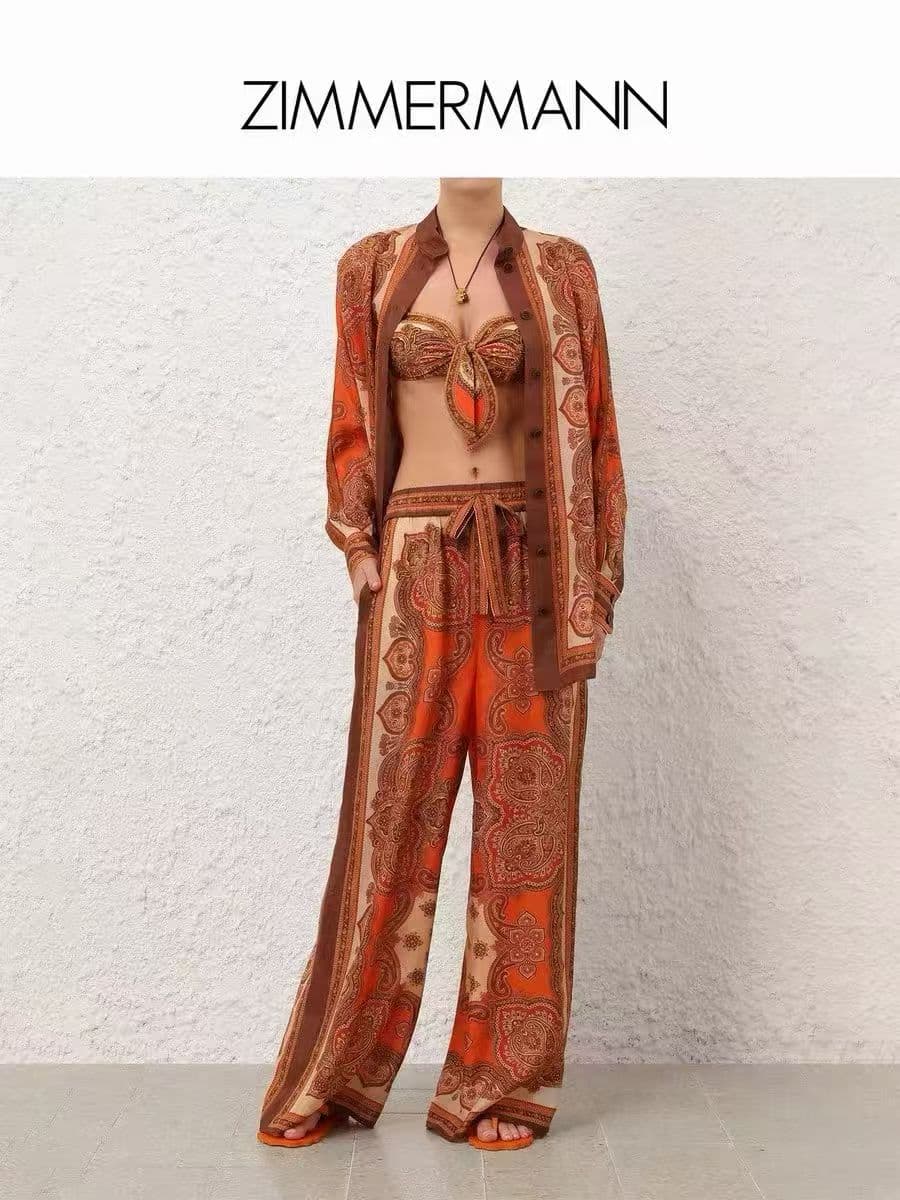 C18281 Zimmermann 2026 Summer swimsuit, new model with orange-red print and bat sleeves, set of shirts smlxl — image 1