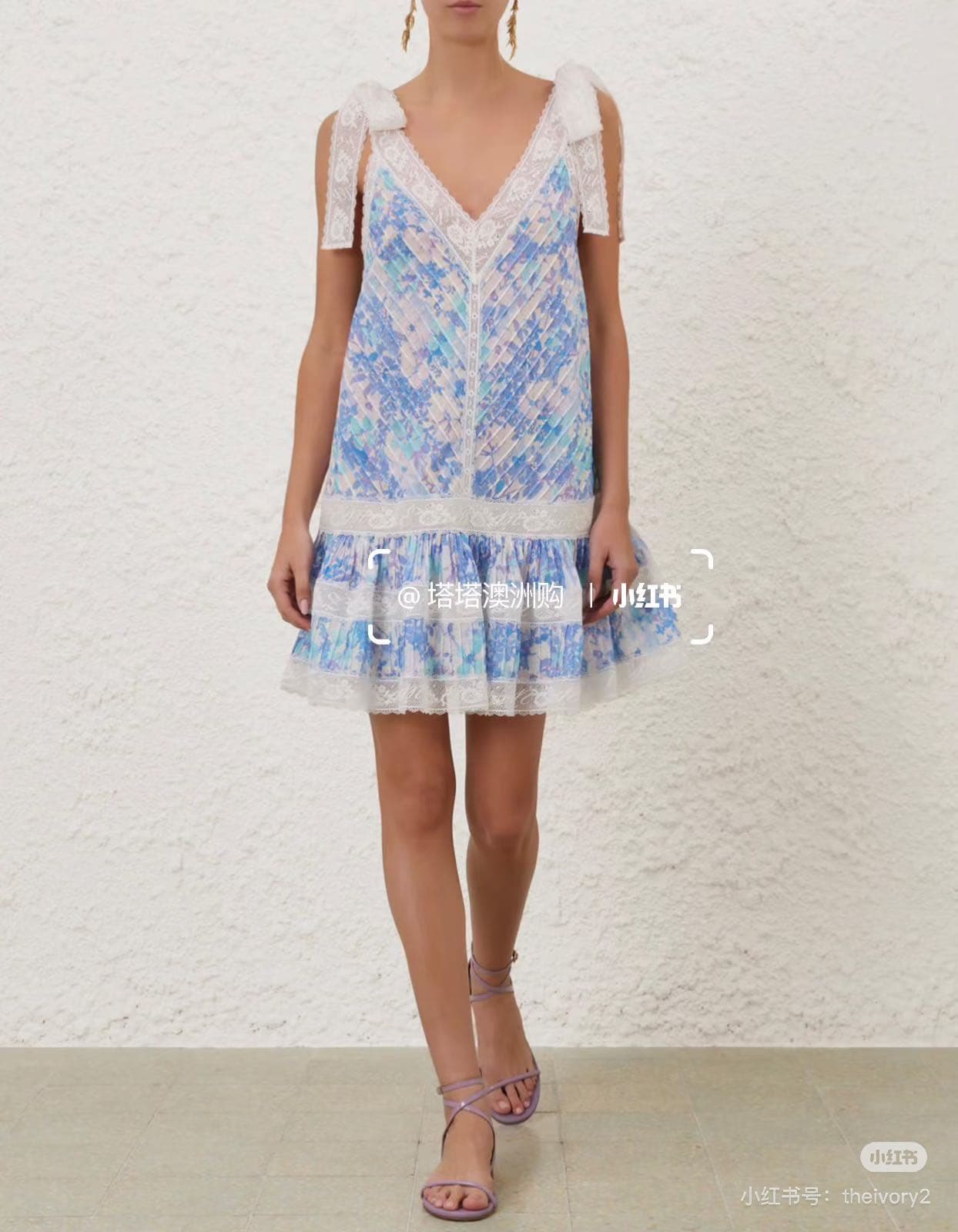 C18252 Zimmermann Summer New Arrival Light Blue Dress with Floral Patterns, Deep V Lace, Sweet Backless Dress Smlxl — image 1