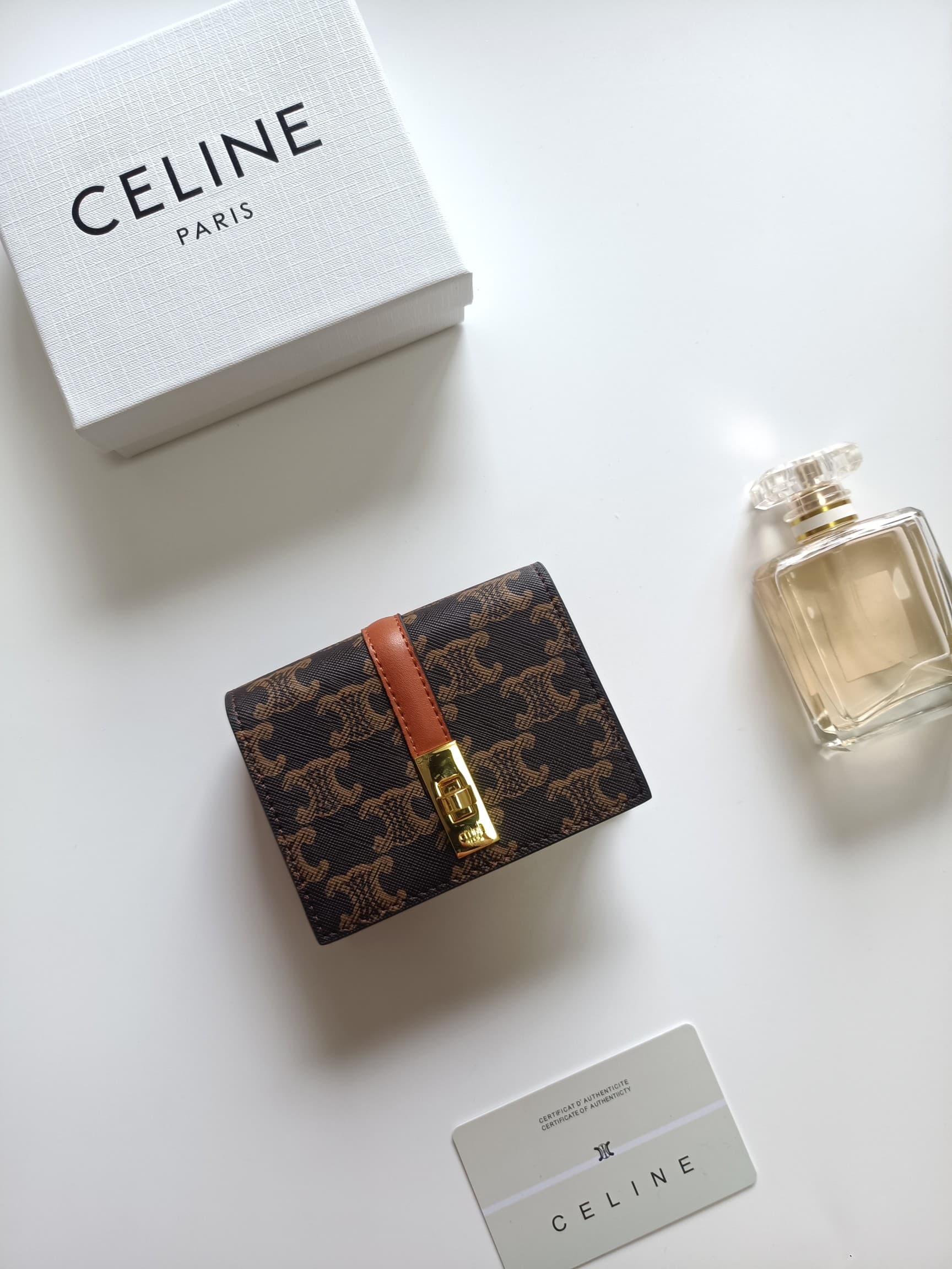 C454 Celine’s new card bag – TRIOMPHE flip-top card bag. It features a classic pattern on the outer surface, with smooth-textured ultra-fine material. The bag opens using a rotating lock mechanism. There are 1 additional thick compartment for storing card — image 1