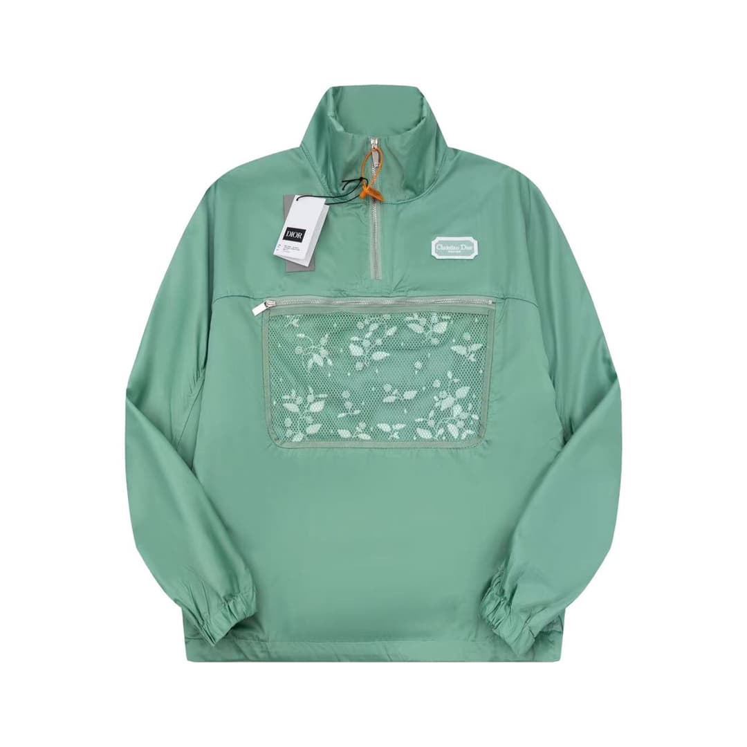 C10338 Dio CD Dijia 23 Spring/Summer new-style hoodie jacket 🔥 This jacket is made from waterproof blue satin fabric, paired with contrasting mesh fabric and zipper pockets. There are embroidered squares on the chest, along with thin gauze strips from Chr — image 1