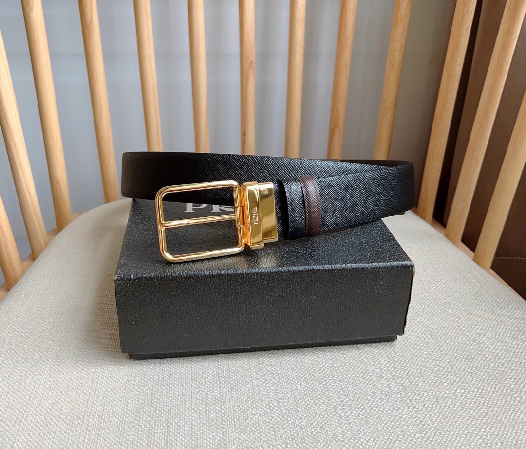 C32933 Prada – This double-sided belt features the iconic Saffiano leather material, along with metal buckles in a distinctive design. It exudes elegance and modernity. Width: 3.5cm — image 1