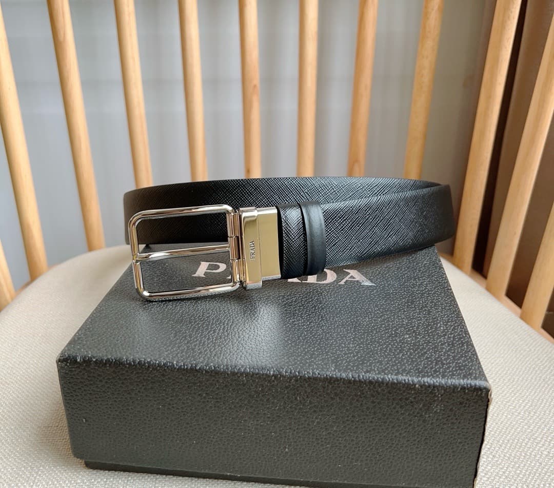 C32927 Prada – This dual-sided belt features the iconic Saffiano leather material, along with metal buckles in a distinctive design. It exudes elegance and modernity. Width: 3.5cm — image 1