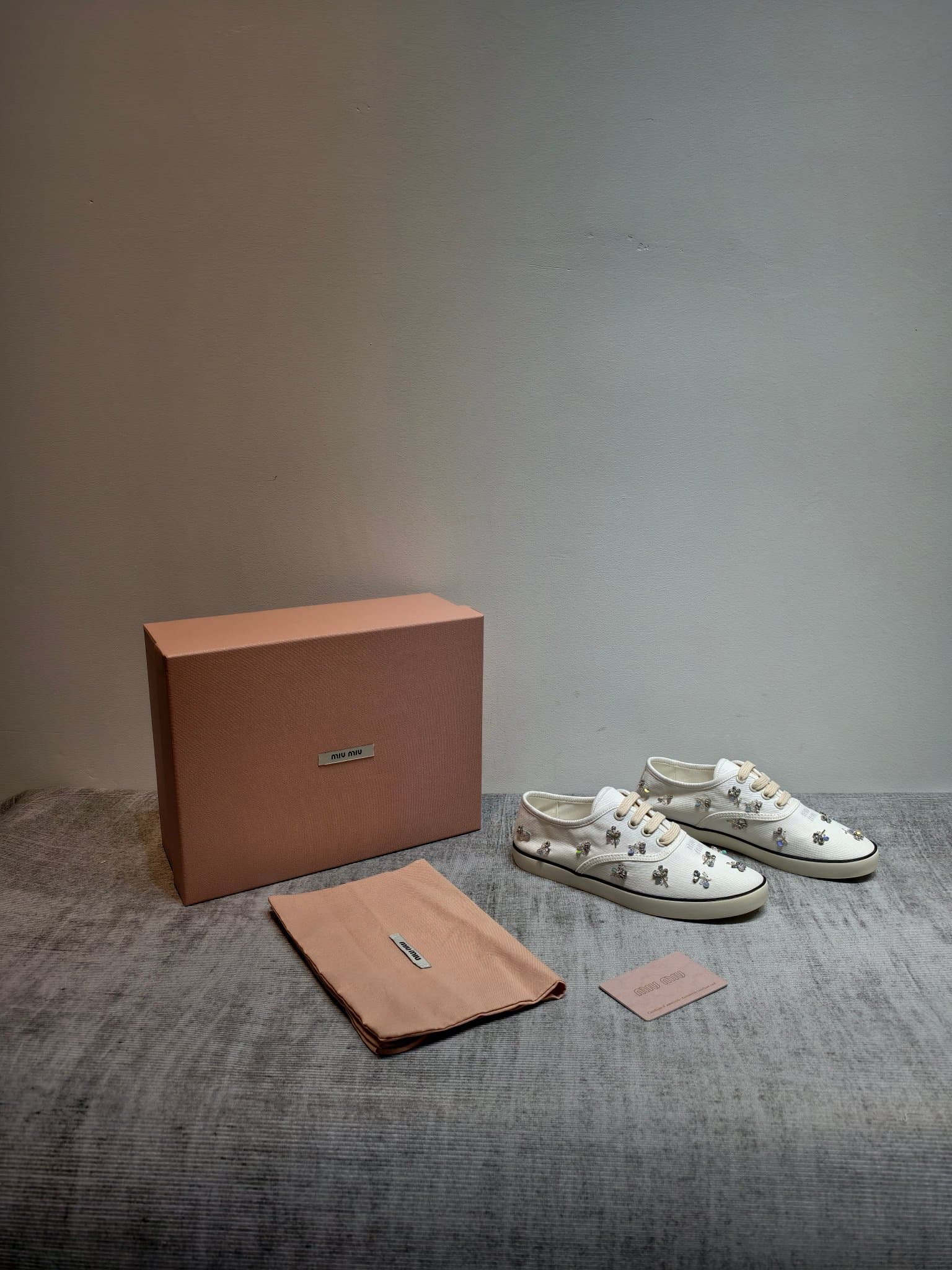 D10643 MIUMIU 2026 new model. The upper is made of twill canvas (textile material) with a textile lining. The sole is made of rubber with the brand logo. The insole is a detachable cloth insole, ensuring comfort and a high-end brand feel. Iconic “pearlesq — image 1