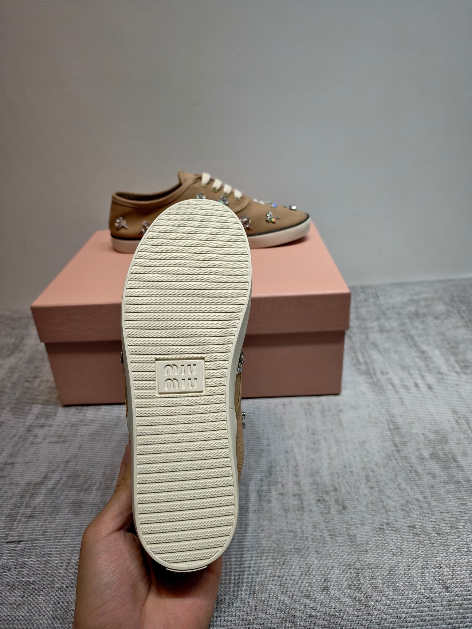 D10640 MIUMIU 2026 new model: The upper is made of twill canvas (textile material) with a textile lining. The sole is made of rubber with the brand logo. The insole is a detachable cloth insole, ensuring comfort while maintaining the brand’s aesthetic. Ic — image 1