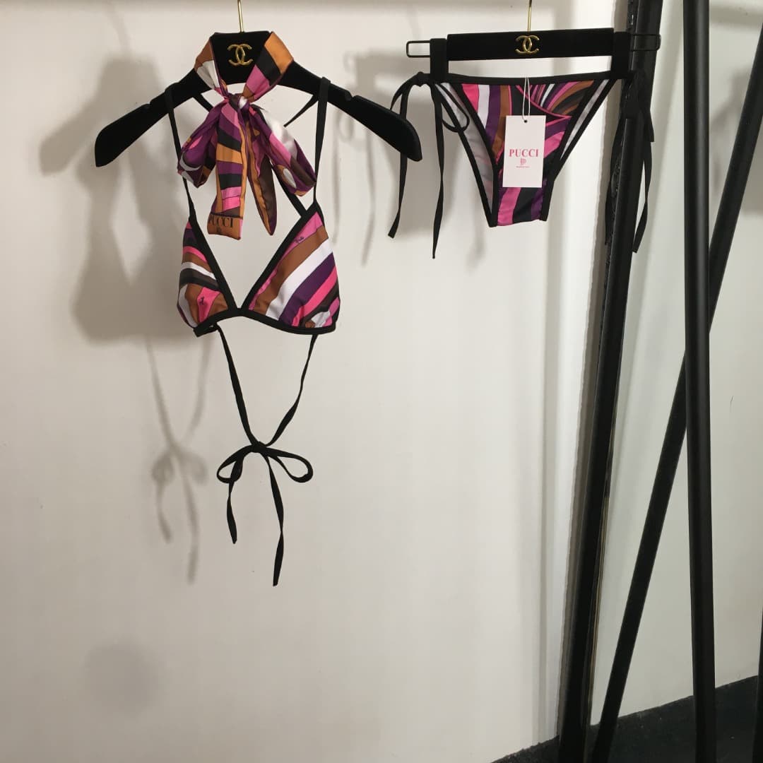 C24946 Item number: 20250785 PUCC*. New bikini set with split pieces, bow ties, patterned stripes, underwear with straps + triangle underwear, pink color, S-XL size. — image 1