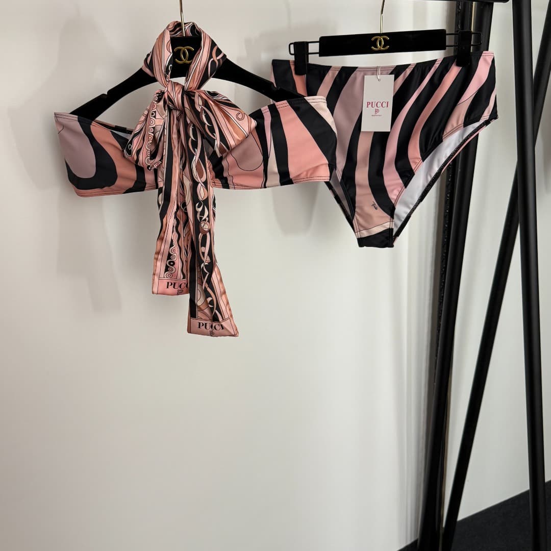 C24939 Item number: 20254322 Pucc*. New split bikini set with mixed-color stripes and prints. Headband and ribbons + bra + triangle underwear. Pink color, S-XL size. — image 1