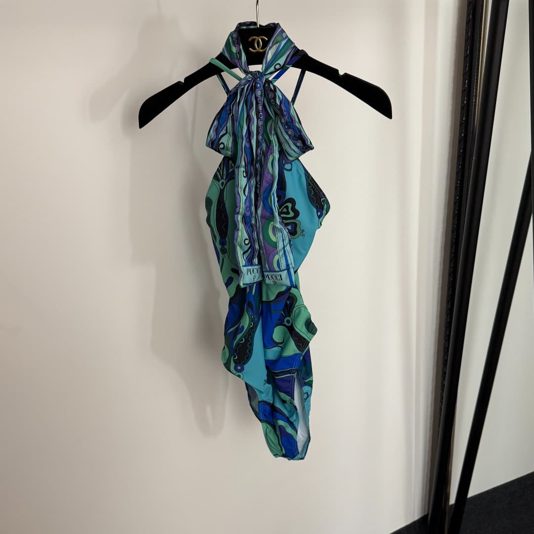 C24932 Style number 20254337 Pucc*. New model with abstract flower pattern print in mixed colors. Seductive, cool one-piece swimsuit with backless design (with silk scarf). Green color, sizes S-XL. — image 1