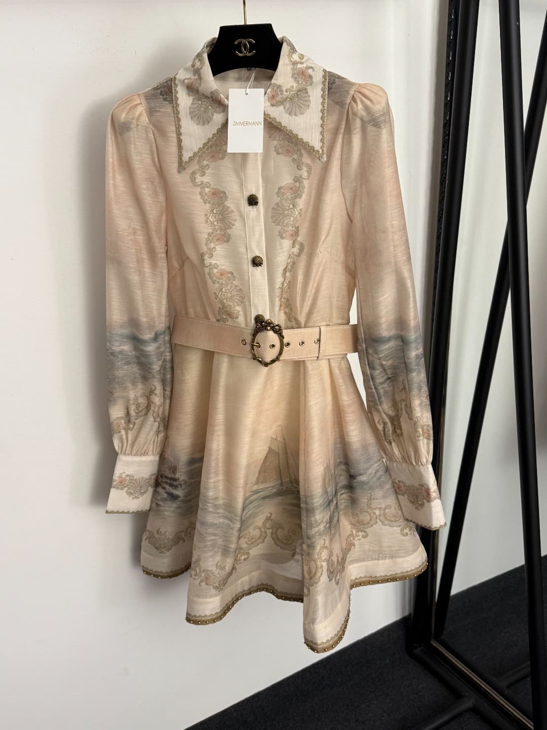 C18312 Size code 20258036 Zimmermann* Vintage/retro design, boat-shaped sailboat style, vintage print, off-the-shoulder, long sleeves dress. Short skirt, with belt. Apricot color. S-XL sizes. [M size: bust 92, waist 80, sleeve length 70, overall length 88 — image 1
