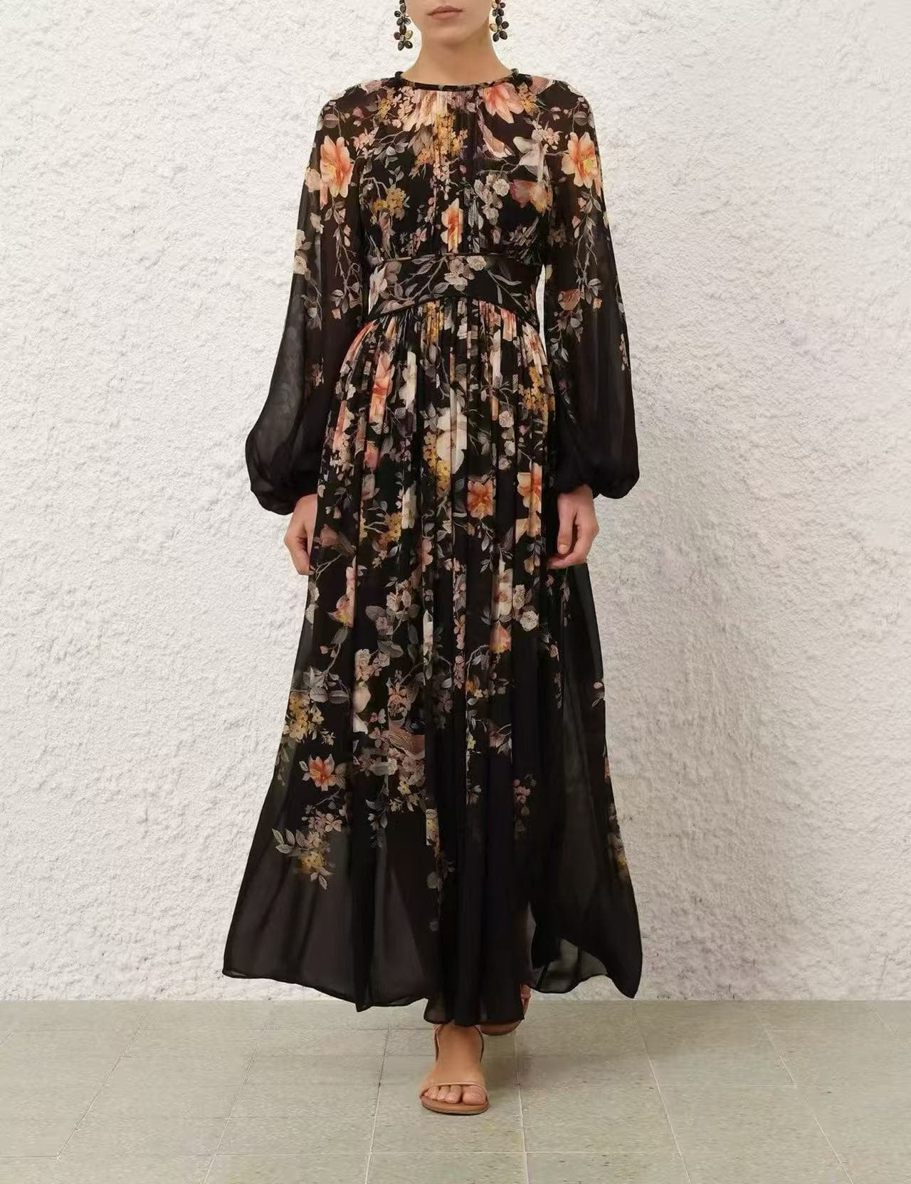 C18363 Style No. 20264277 Zimmermann* New model, elegant style, floral print, long skirt with waistband, black color, S-XL sizes. [Size M: Chest circumference 86, skirt length 90; Chest circumference 92, waist circumference 70. Elasticity, sleeve length 7 — image 1