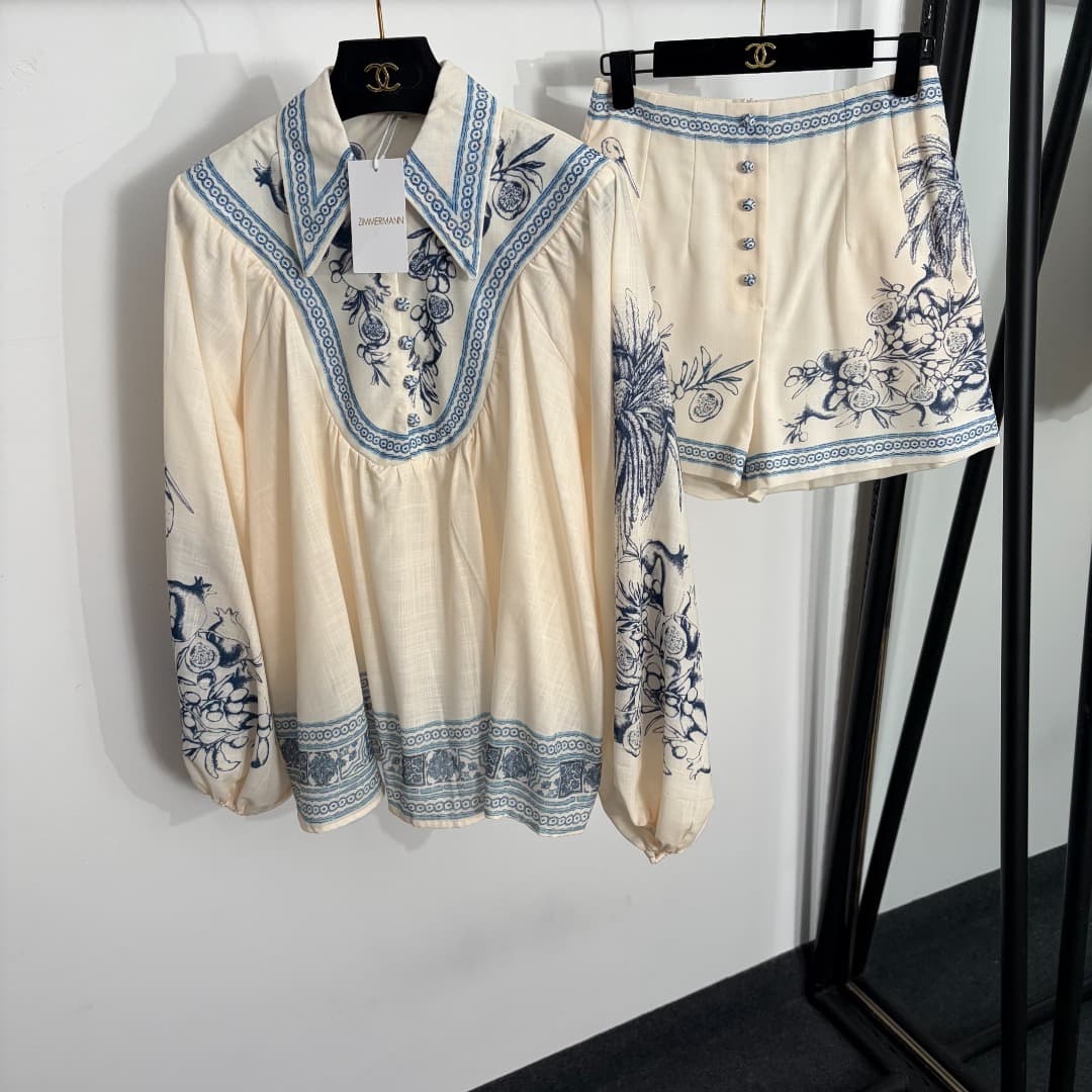 C18280 Item number: 20264257 Zimmermann* New linen set, pomegranate-patterned lantern long-sleeved shirt + high-waisted shorts, beige color, S-XL sizes. [For size M: bust circumference 126, sleeve length 74, overall length 67; waist circumference 68 with — image 1