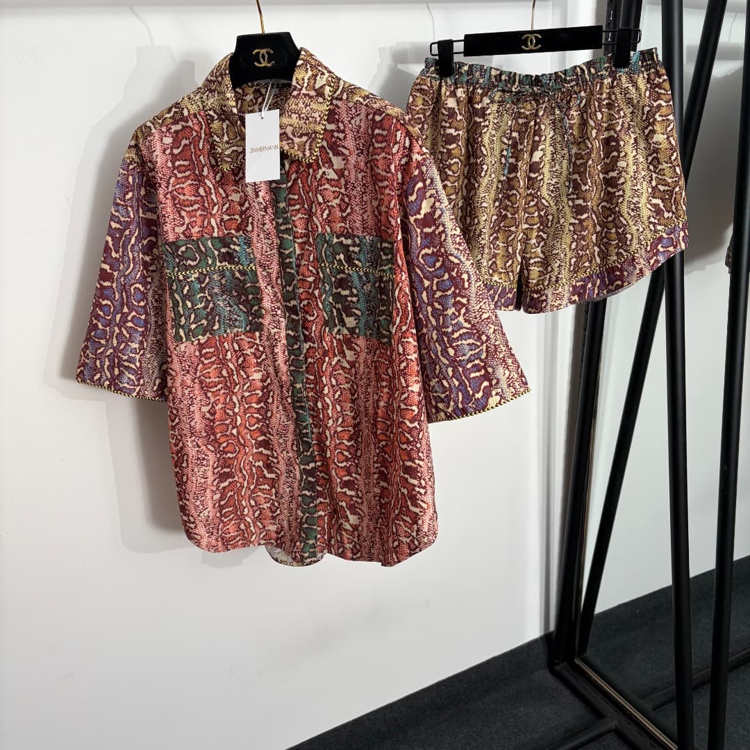 C18343 Style number 20264536 Zimmermann* New set: spandex-printed short sleeves + shorts, mixed colors, S-XL sizes. [Size M: shoulder width 49, bust size 122, sleeve length 33, overall length 68-76; waist size 68, elastic, overall length 36; weight: 0, 41 — image 1