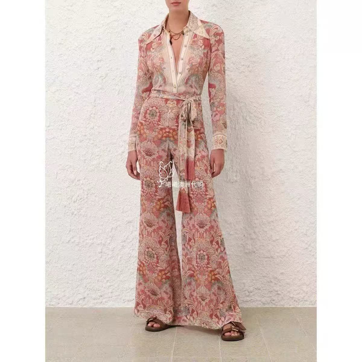 C18328 Item number 20264613 Zimmermann* Vintage/retro pattern print pointed collar long-sleeved shirt + high-waist wide-leg pants, red, S-XL. 【Size M: bust 100, sleeve length 75, overall length 74; waist 74, overall length 110; weight: 0, 275kg】 — image 1