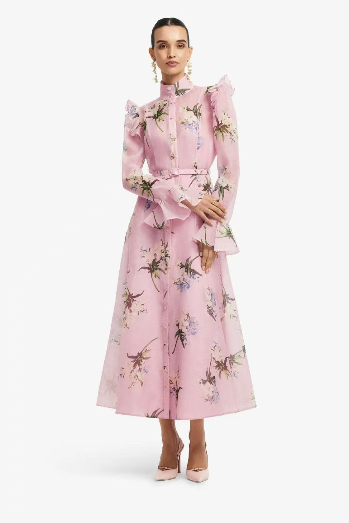 C18314 Style number 20264733 Zimmermann* New model: Floral print, stand-up collar, waist-curving, long sleeves dress. The dress comes with a undergarment and a belt. Color: pink. S-XL sizes. [Size M: Bust – 88; Length – 96; Shoulder width – 37; Bust – 98; — image 1