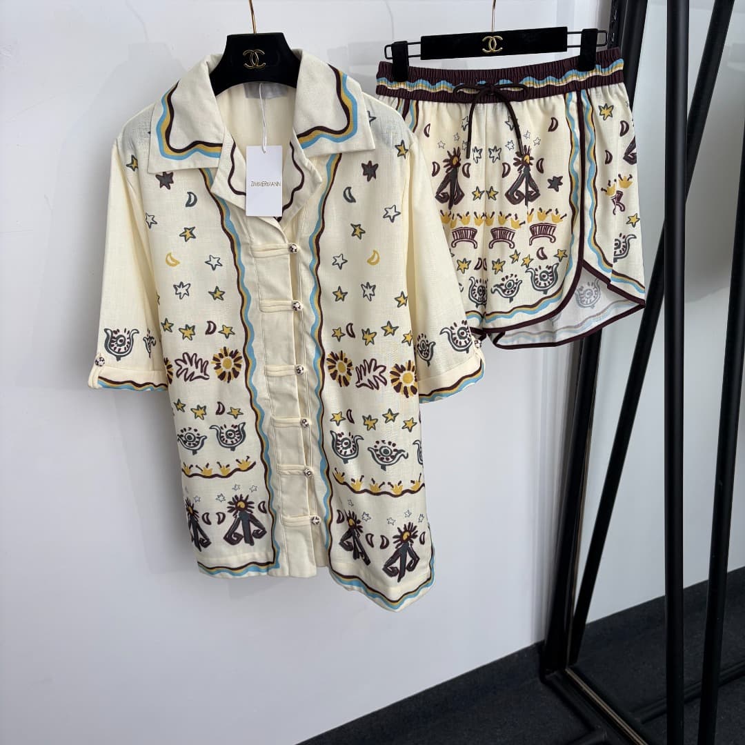 C18272 Item number: 20265128 Zimmermann* New linen set: short sleeves with star and moon patterns in Chinese-style button design + shorts. Color: beige. S-XL sizes. [Size M: shoulder width 45, bust circumference 116, sleeve length 33, overall length 73; w — image 1