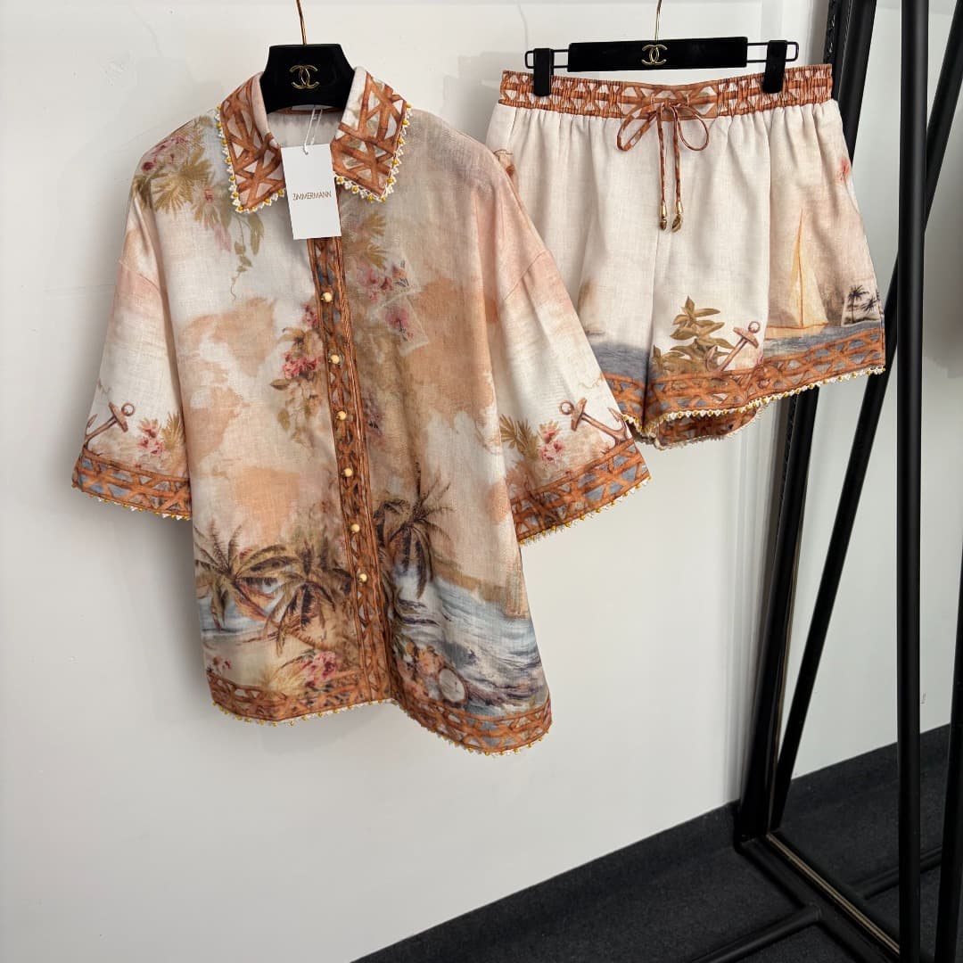 C18264 Item number: 20265414 Zimmermann* New linen set, vacation-themed coconut tree pattern short-sleeved shirts + shorts, white color, S-XL sizes. [L size: shoulder width 56, bust size 128, arm length 26, overall length 71; waist size 78, elastic, overa — image 1