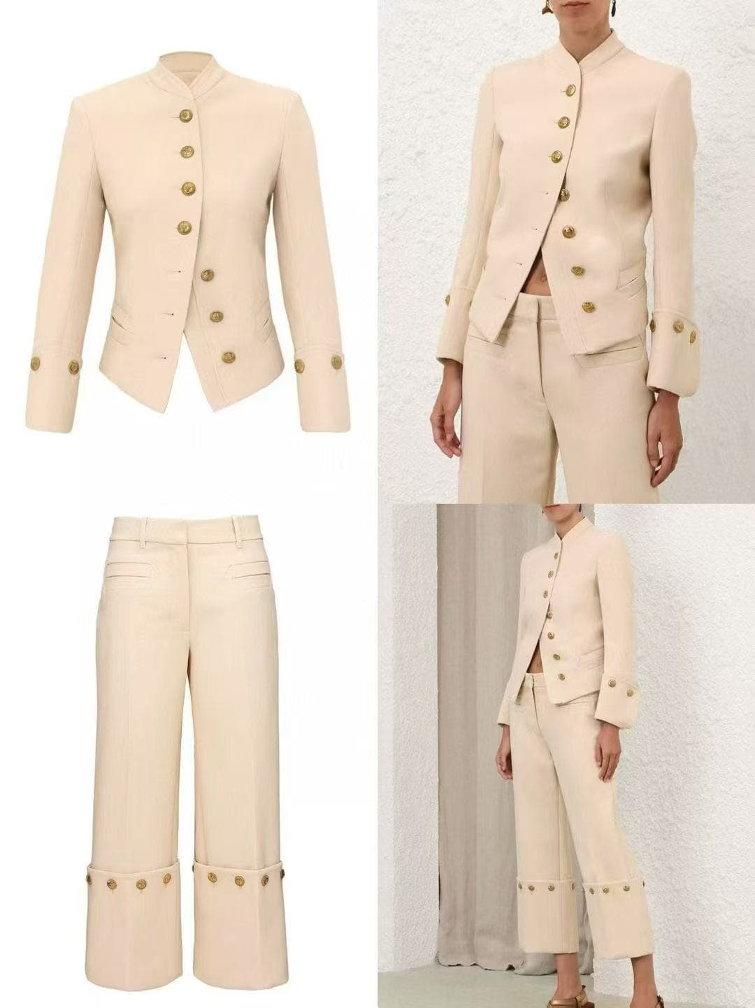 C18249 Item number: 20265729 Zimmermann* New set: single-row gold-button straight-collared long-sleeve jacket + stylish crumpled-leg straight pants. Colors: beige, black. S-XL sizes. [S size: shoulder width 40, bust circumference 90, sleeve length 60, ove — image 1