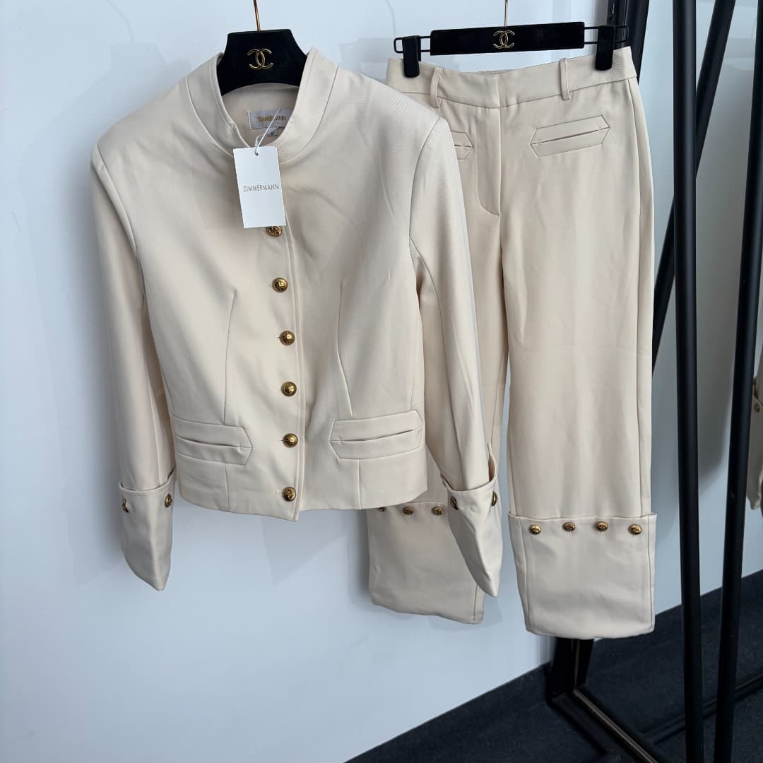 C18251 Style code: 20265729 Zimmermann*. New set: single-row gold buttons standing collar long-sleeved jacket + stylish curled-leg straight pants. Colors: beige, black. S-XL sizes available. [S size: shoulder width 40, bust circumference 90, sleeve length — image 1
