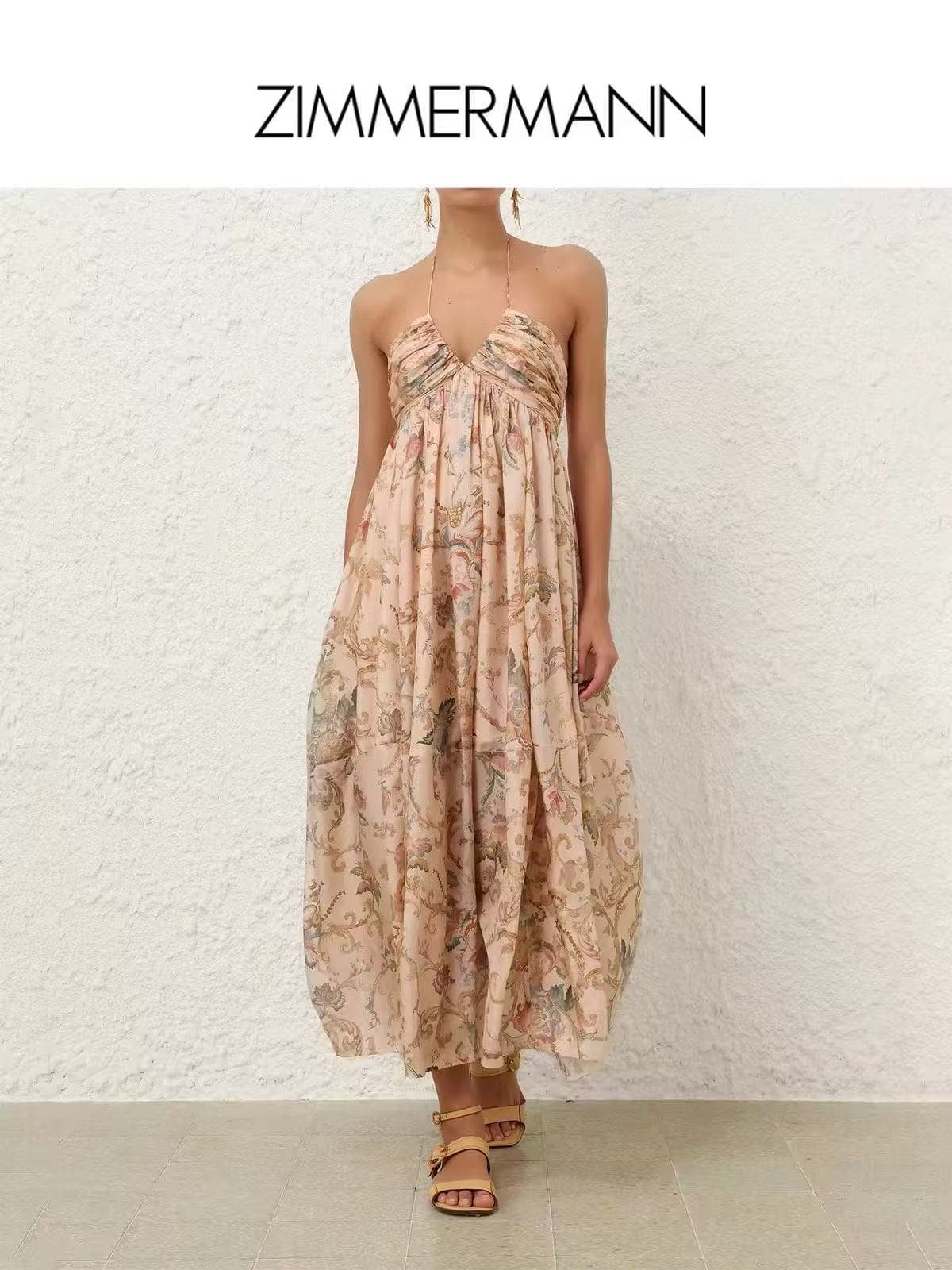 C18241 Style number 20265773 Zimmermann* Vintage/retro style, colored flower pattern, doll-like design with a waist cover and halter neckline, long dress, apricot color, S-XL sizes. [S size: elasticized bust, 76; elasticized waist, 74; long length, 118; w — image 1
