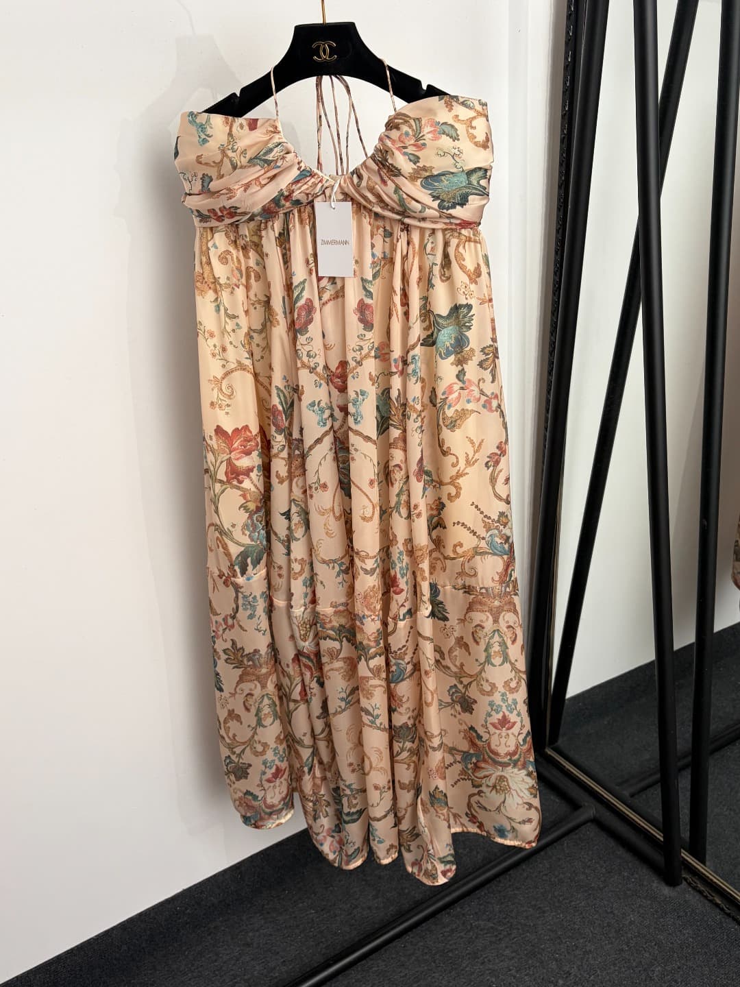 C18242 Style number 20265773 Zimmermann* Vintage/retro style, colored flower pattern, doll-like design with belted waist and halter back dress. Long dress, apricot color, S-XL sizes. [S size: elasticic bust, 76; elasticic waist, 74; long length, 118; weig — image 1