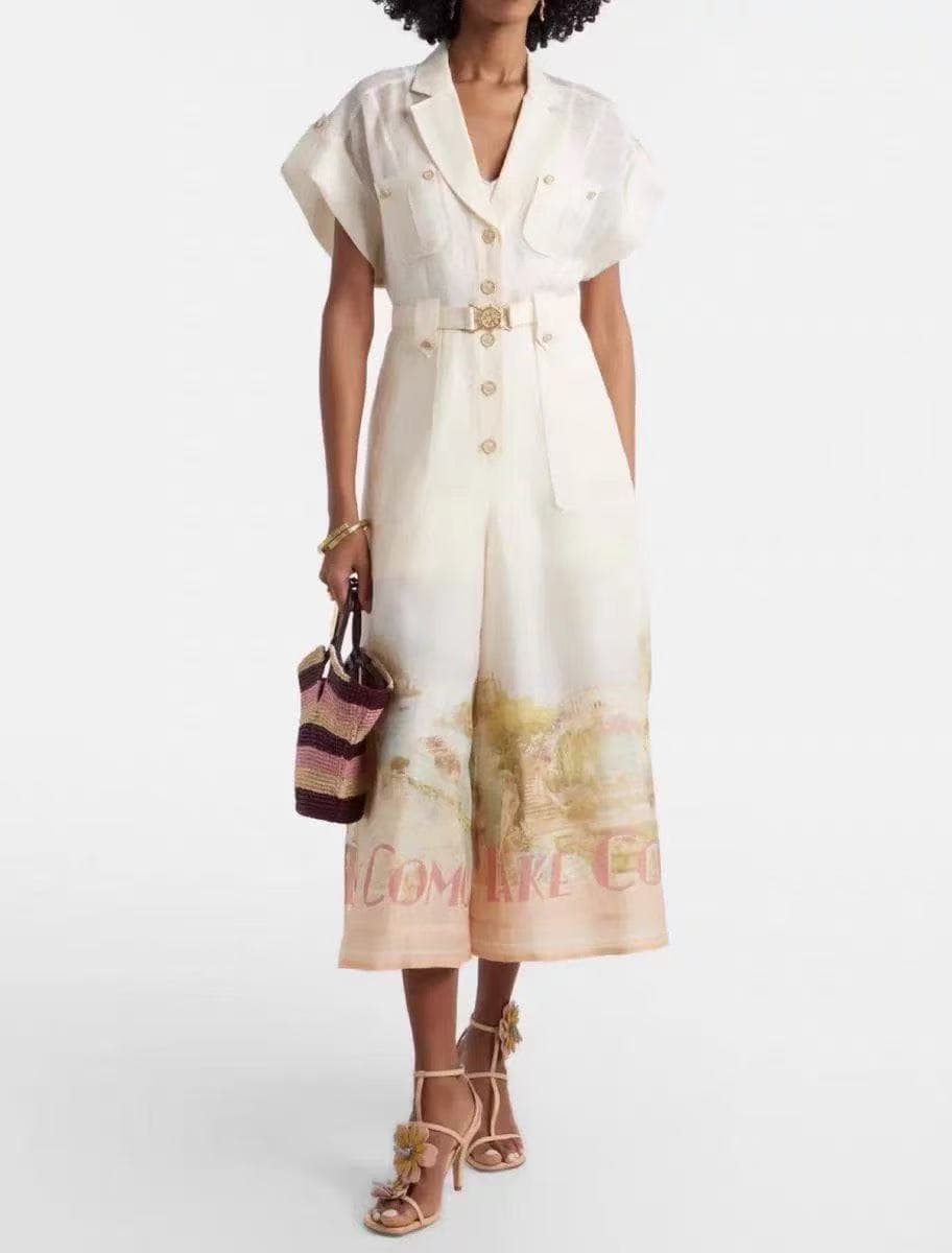 C18237 Style code: 20265978 Zimmermann* New model: resort-style printed suit with a jacket, short sleeves, full-length pants, with a lining of straps. Color: beige. S-XL sizes. [For size M: bust: 90; length: 30; bust: 80; waist: 70; length: 126; weight: 0 — image 1