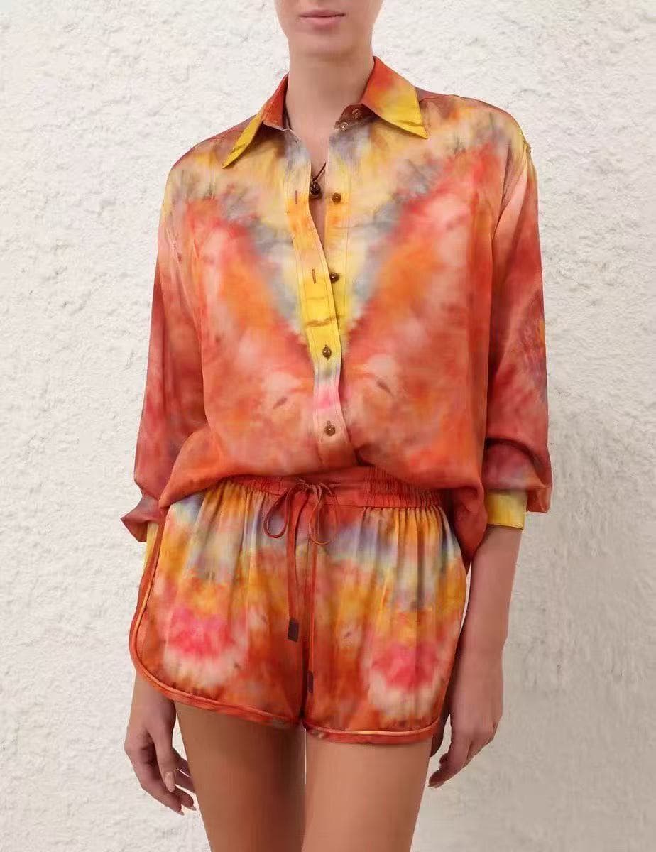 C18233 Style number 20265980 Zimmermann* New set: gradient-colored printed long-sleeved shirt + elastic waist shorts, red color, S-XL sizes. [S size: bust circumference 132, sleeve length 63, overall length 83; waist circumference 68 with elasticity; over — image 1