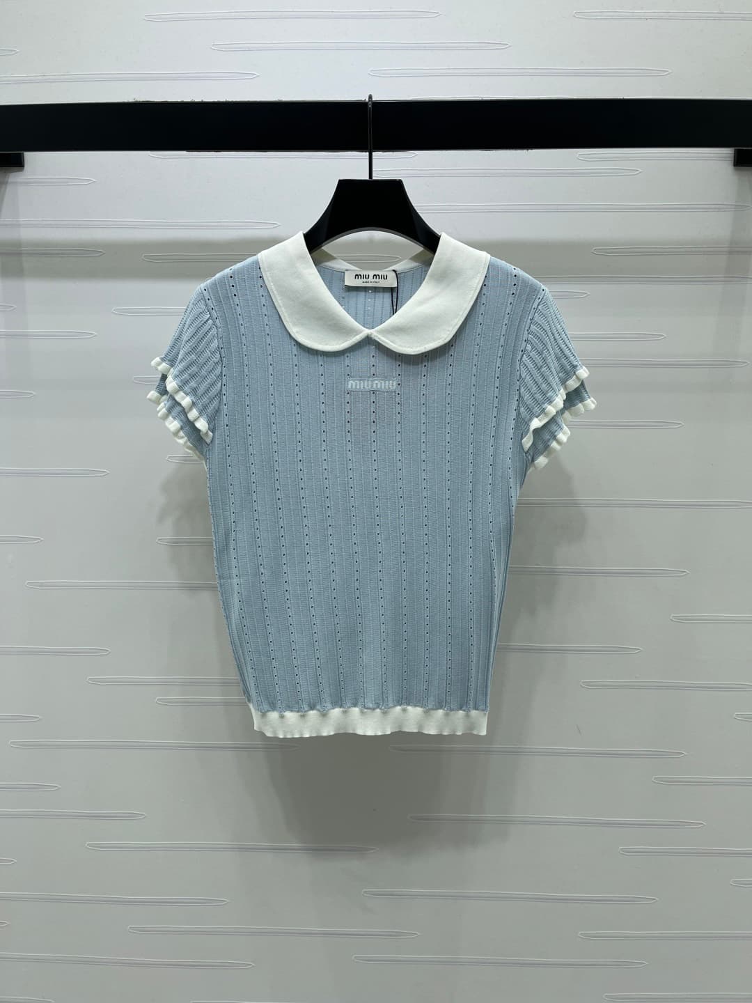 C18493 📣 New high-end collection/series – the latest spring/summer series by MiuMi*2026! Short sleeves with embroidered open neck design! Customized silk-wool knitted material – soft, delicate, and highly elastic. Double layered cuffs in contrasting color — image 1
