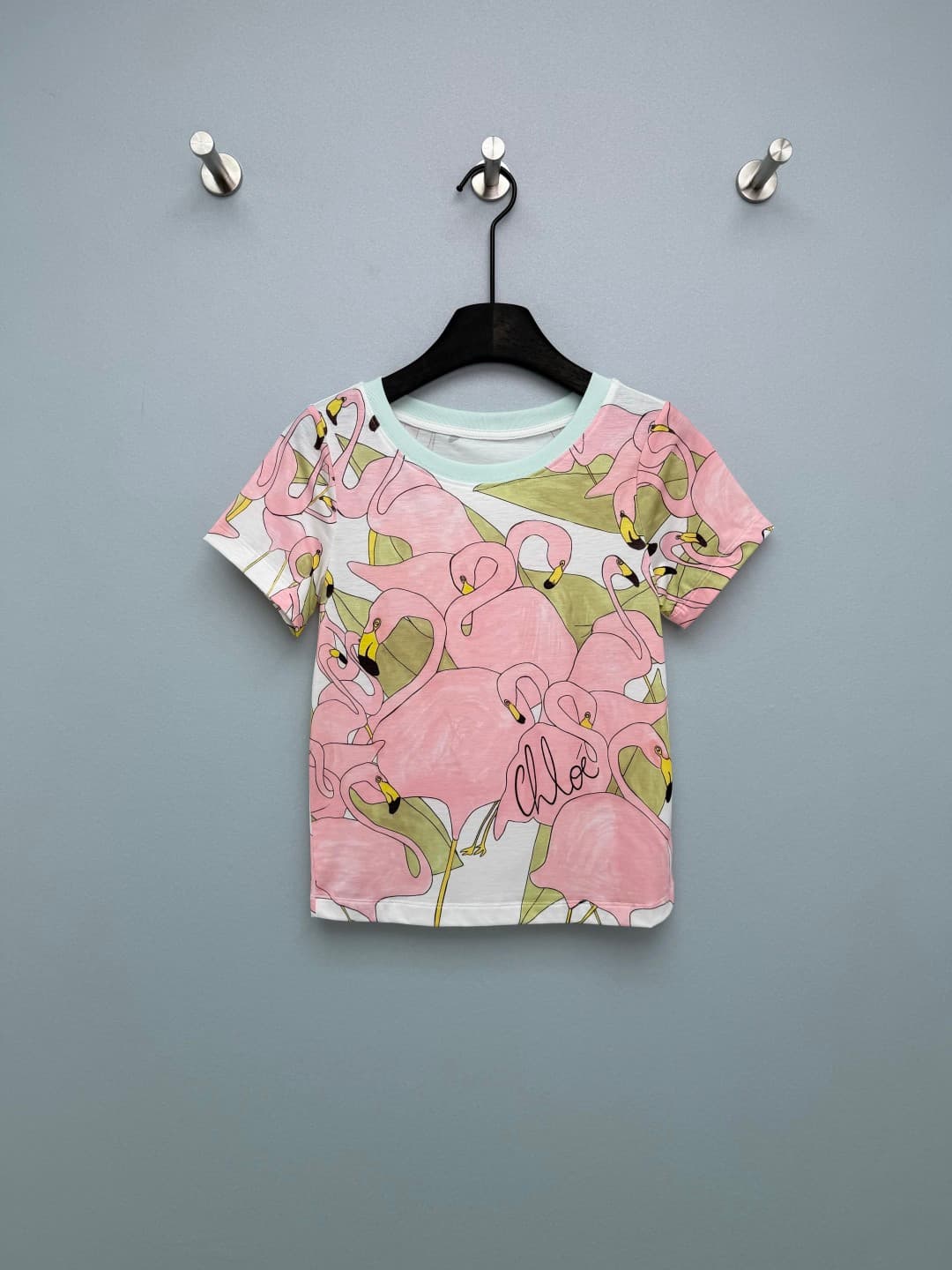 C18402 🔥🔥Chlo*26 New-style flamingo-themed short-sleeved T-shirts. The hand-drawn flamingos on the shirts are really cute; with a gentle pink color scheme and fresh green leaves, it’s like wearing a tropical vacation style outfit. The mint green accent on — image 1