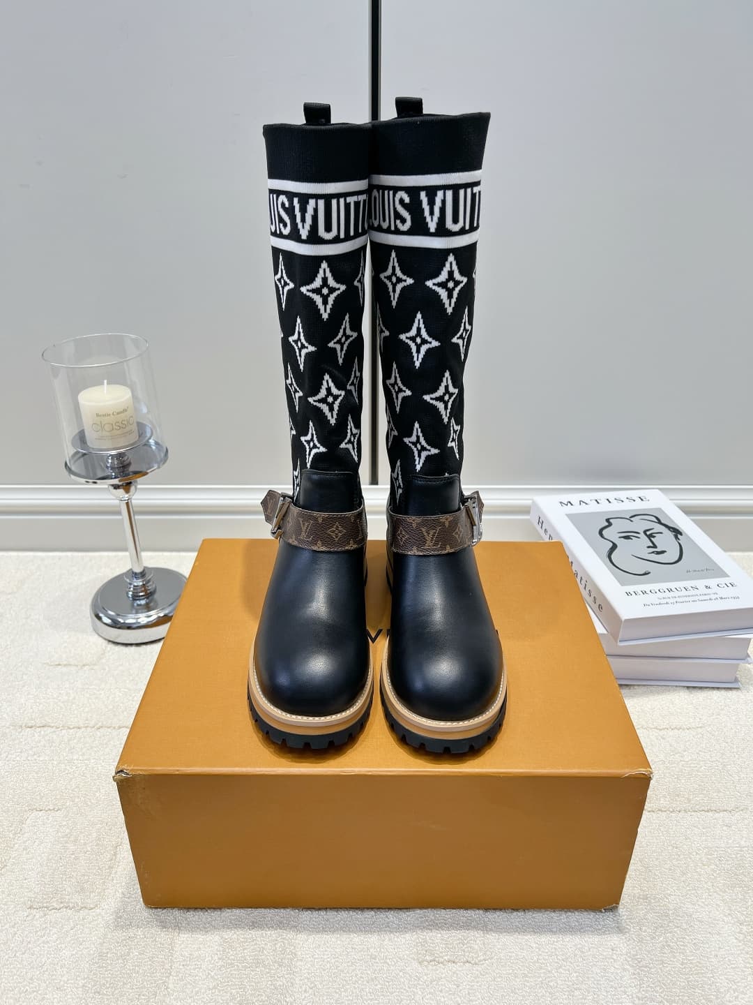 D9090 LV Lace knitted patch high boots 26ss — image 1