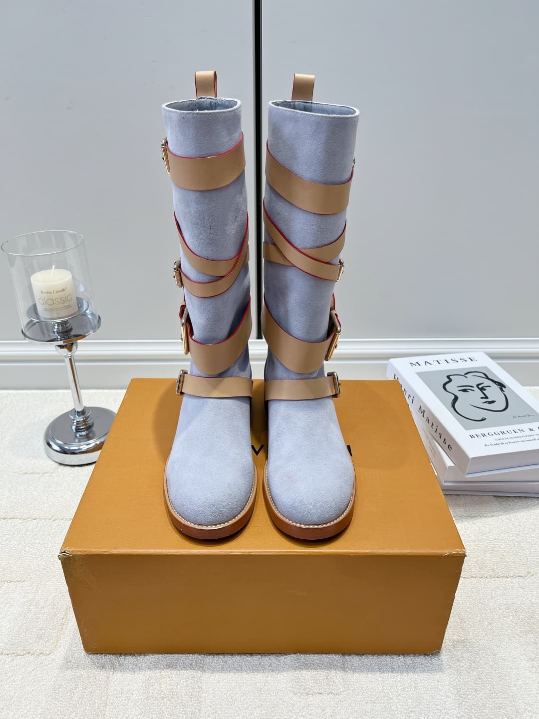 D9086 LV Smog-blue suede strap high boots 26ss — image 1