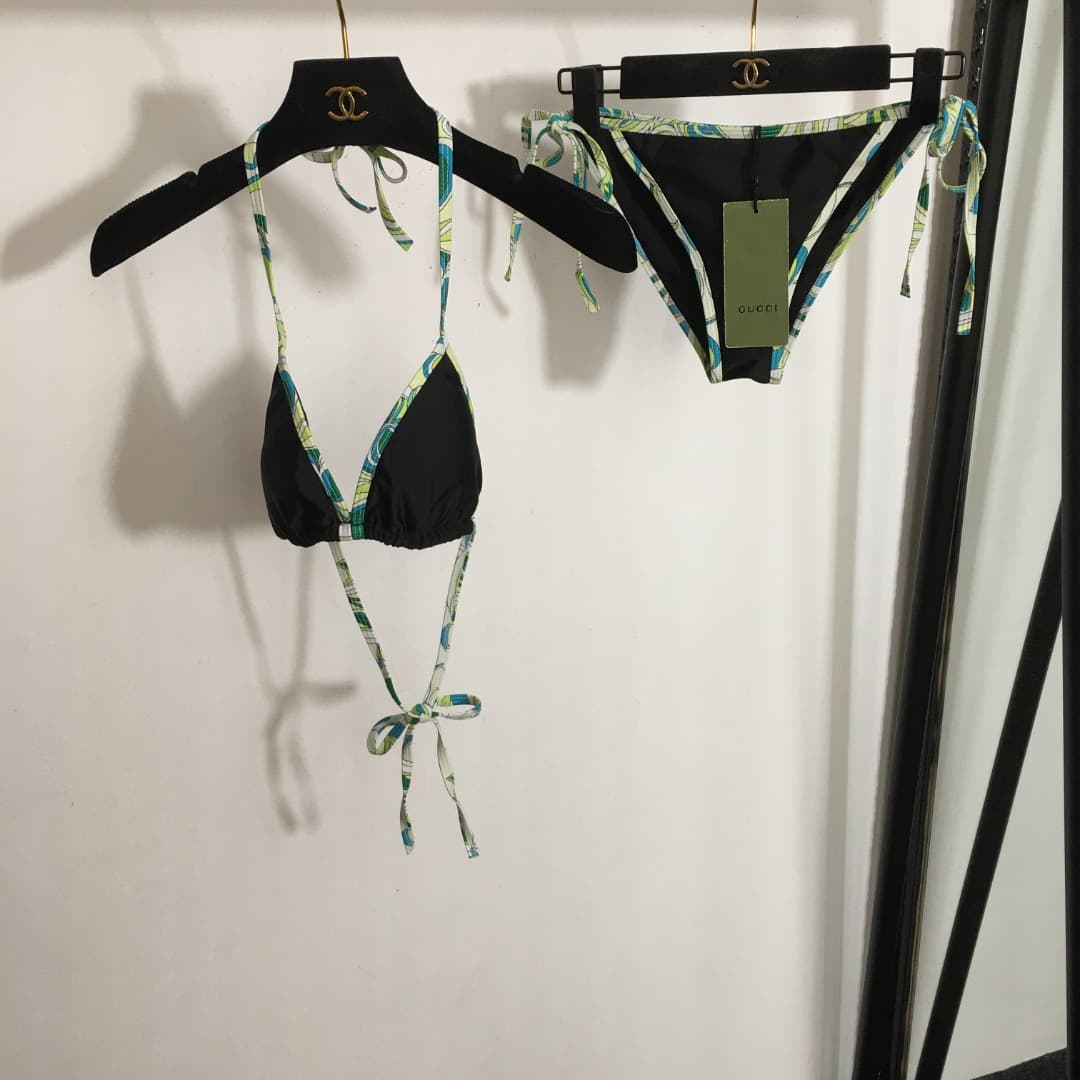 C24951 Item number: 20244674 Gucc*. New set of split bikini swimwear with printed edges and straps (with breast pad) + PUCCI-print triangle underwear. Black color, sizes S-XL. — image 1